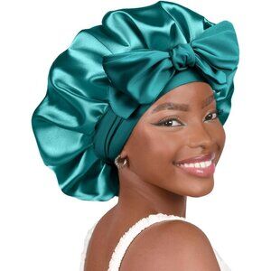 🆕 Women Silk Bonnet Blue Satin Double Layer Lined Hair Tie Band Curly Natural